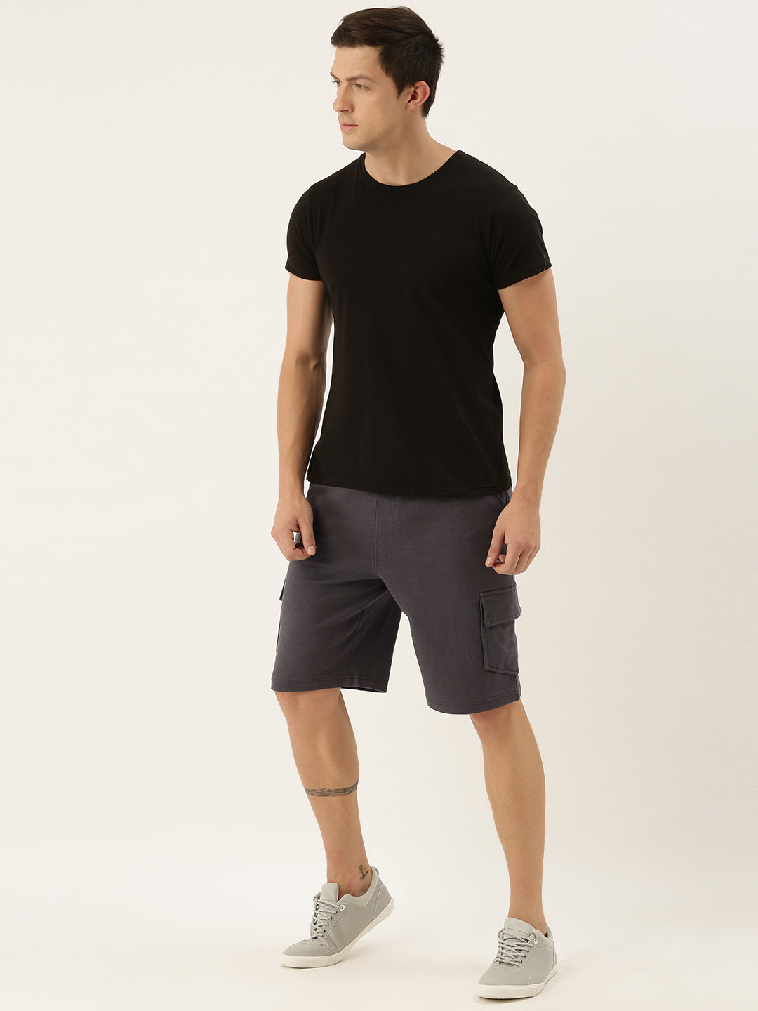 Men Grey Casual Terry Cargo Shorts