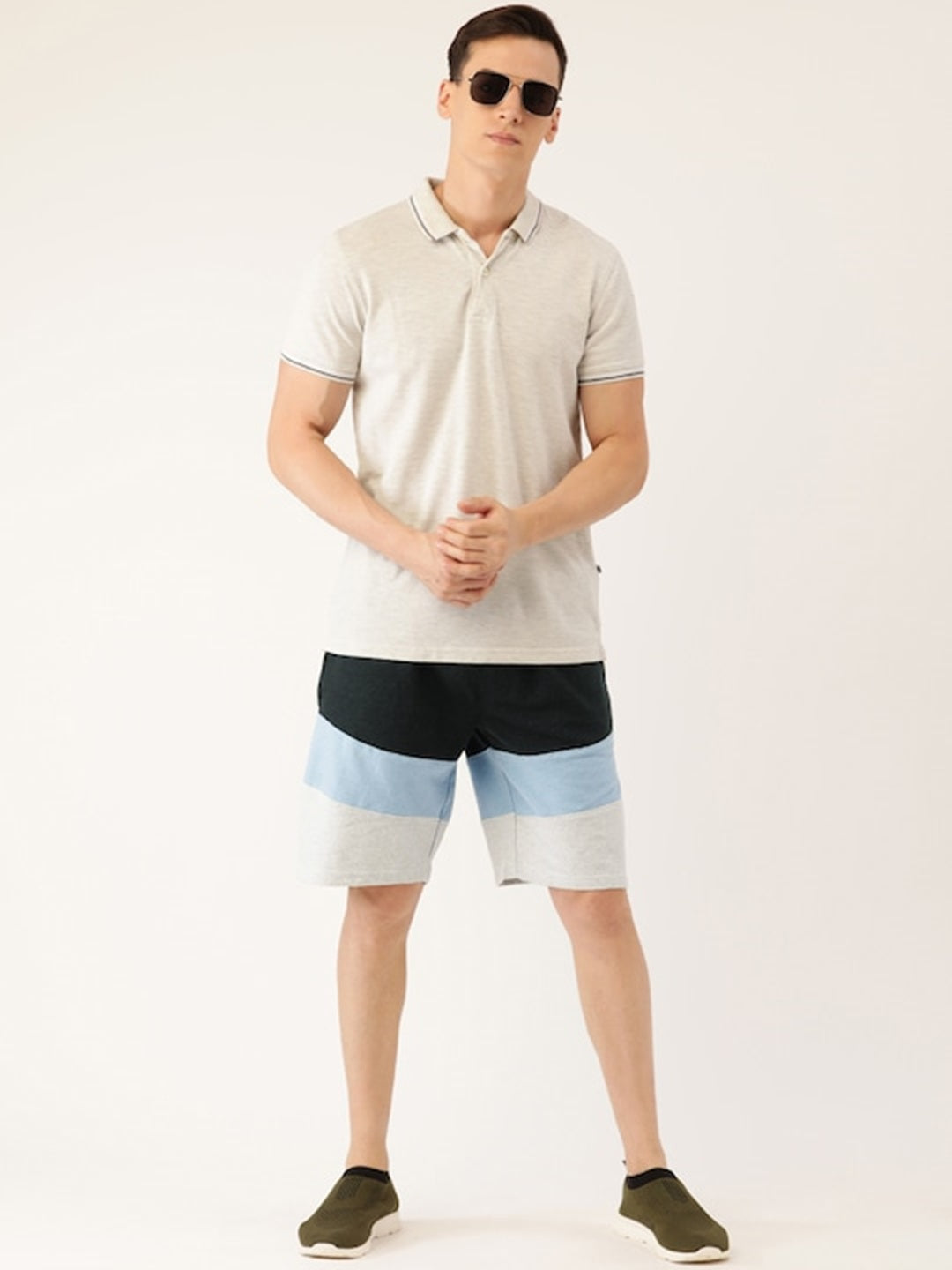 Men Oliveblack Casual Terry Cut & Sew Shorts