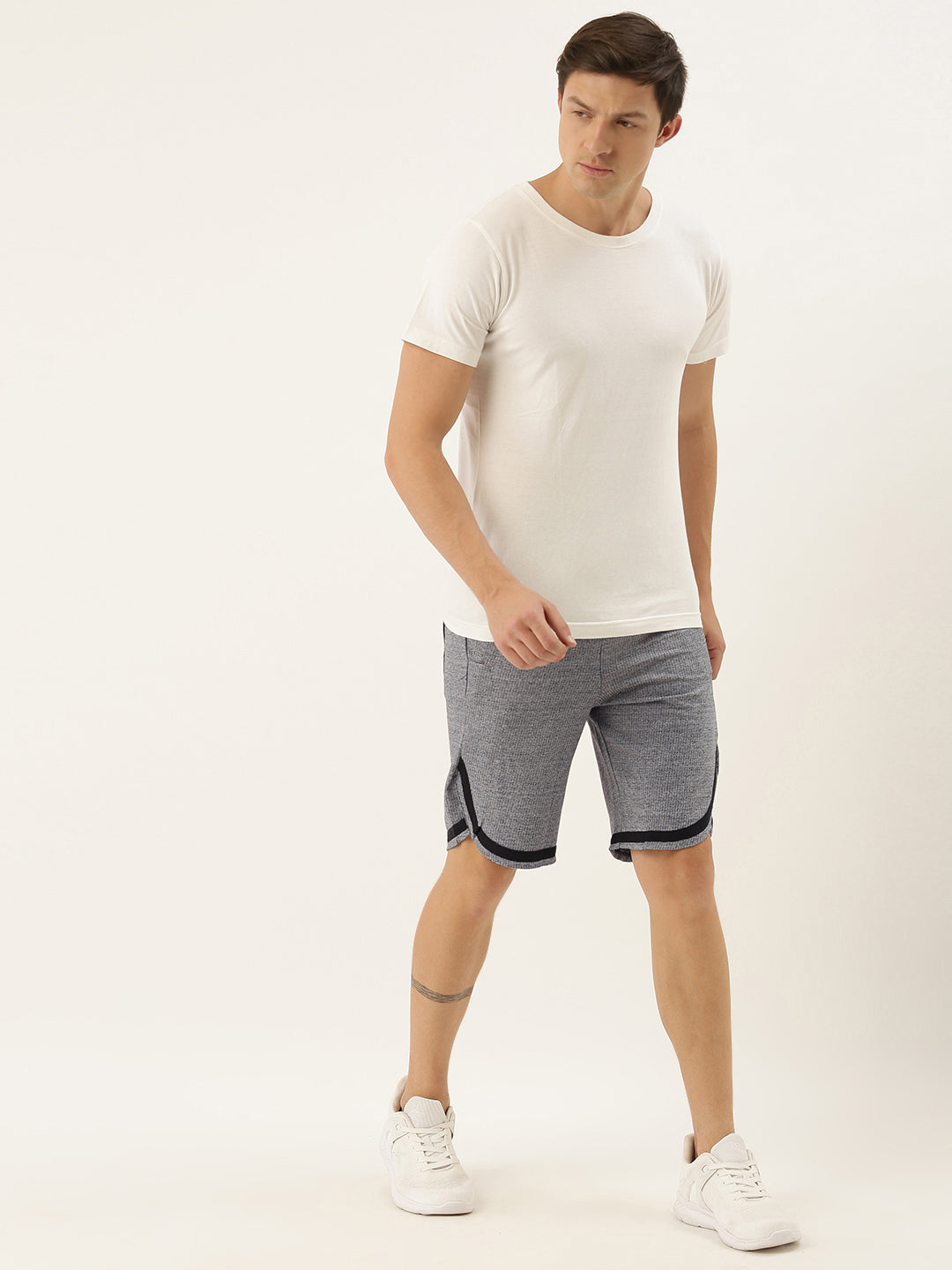 Men WhiteBlack Casual Terry Curved Hem Shorts