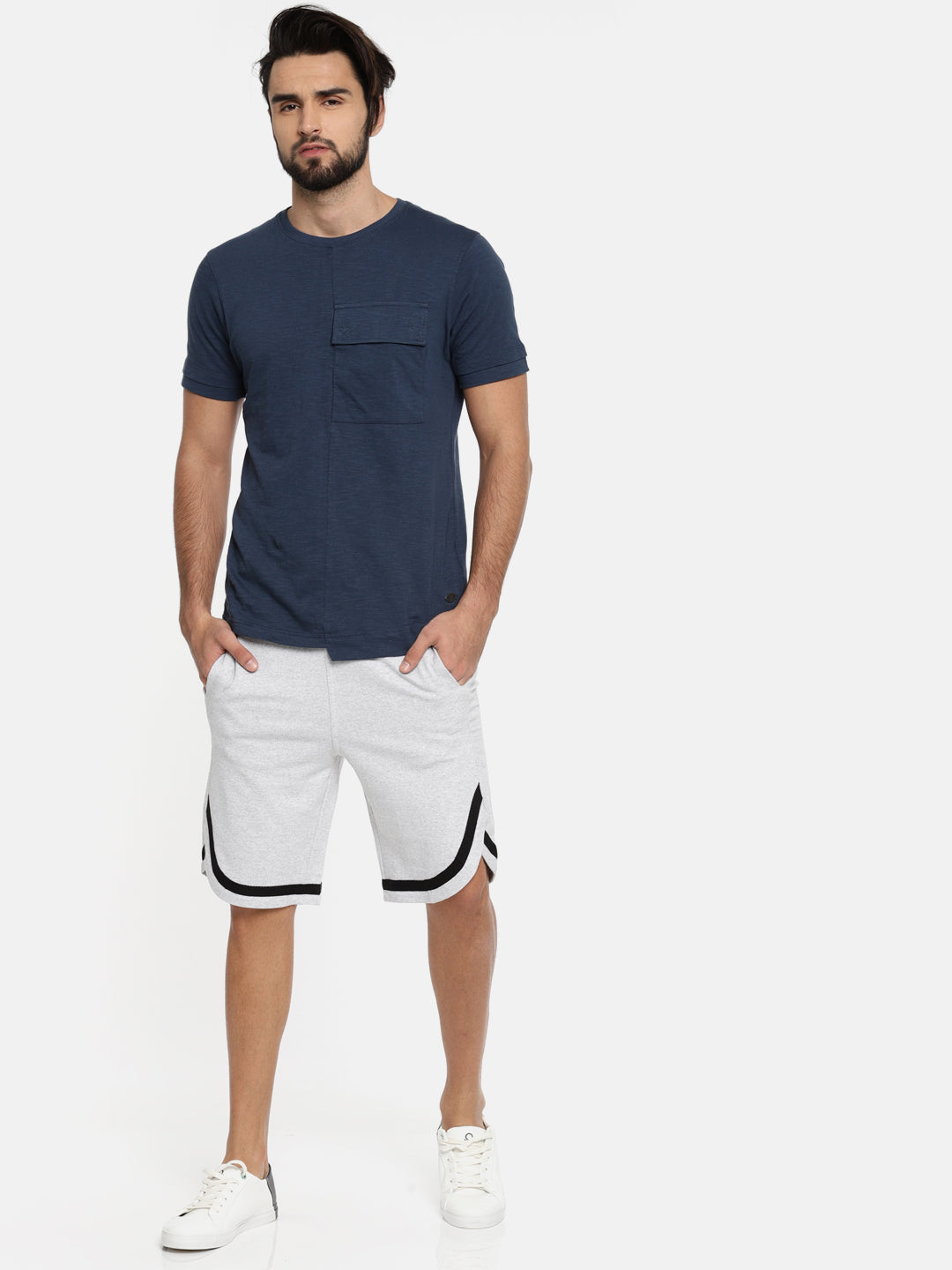 Men WhiteHtr Casual Terry Curved Hem Shorts