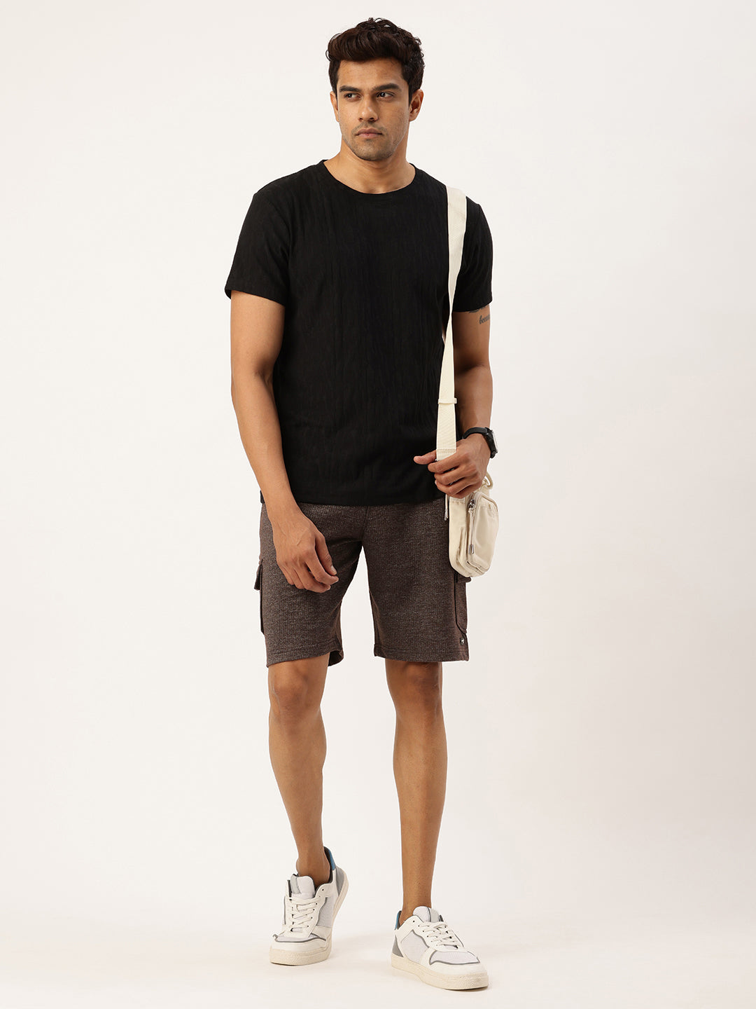 Men Brown Casual Terry Cargo Shorts