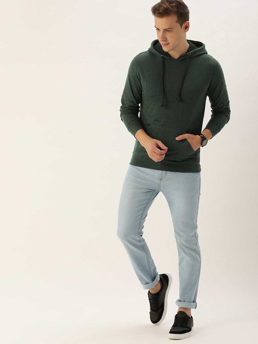 Men Oliveblack Solid Hooded Kangaroo Pocket Sweatshirt