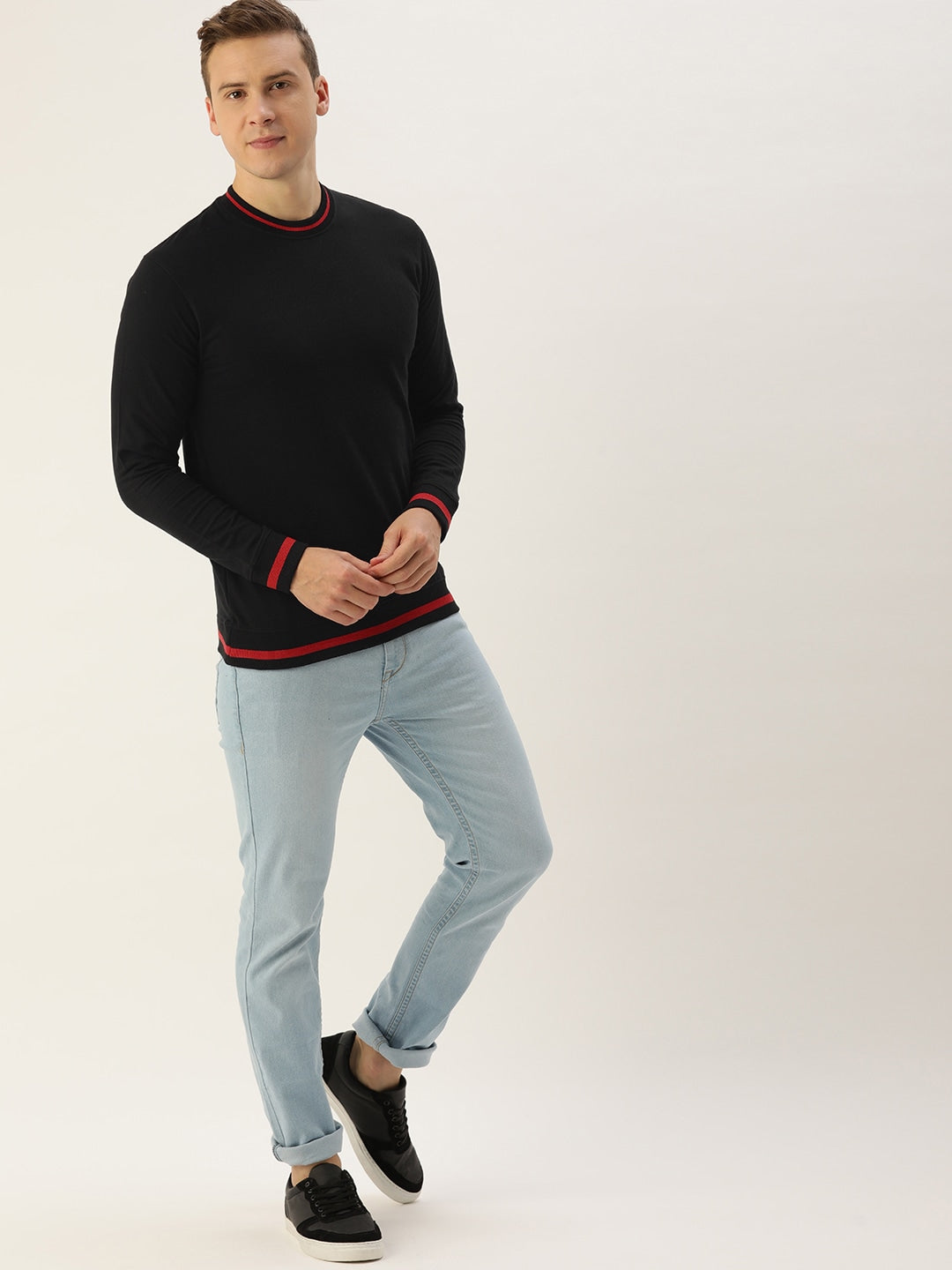 Men Black Solid Tipping Rib Sweatshirt