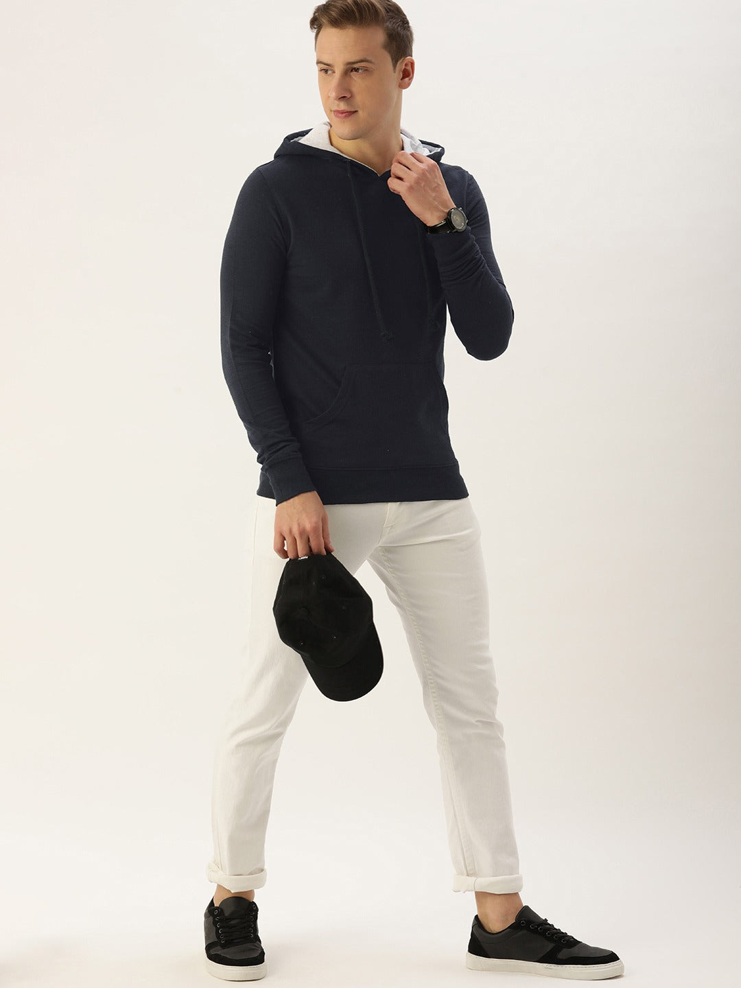 Men Blacknavy Solid Hooded Kangaroo Pocket Sweatshirt