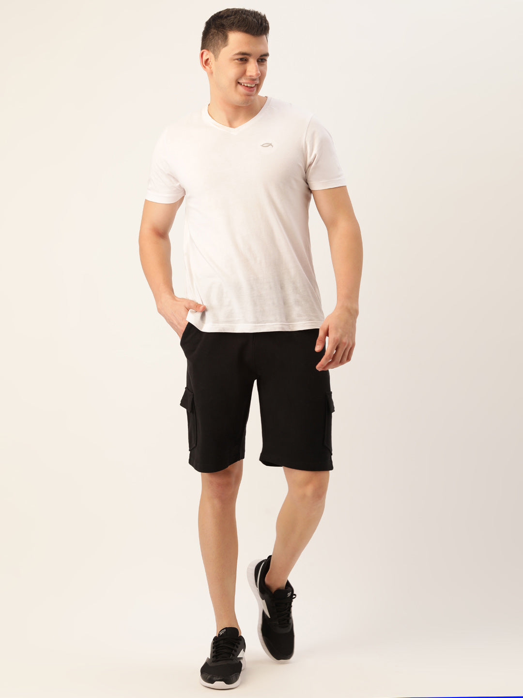 Men Black Casual Terry Cargo Shorts