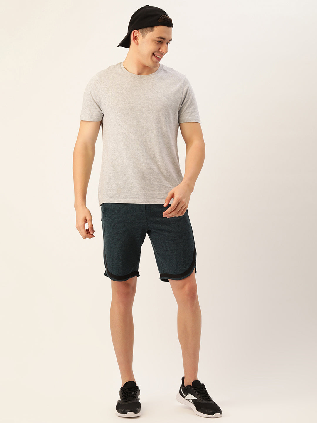 Men BlackTeal Casual Terry Curved Hem Shorts