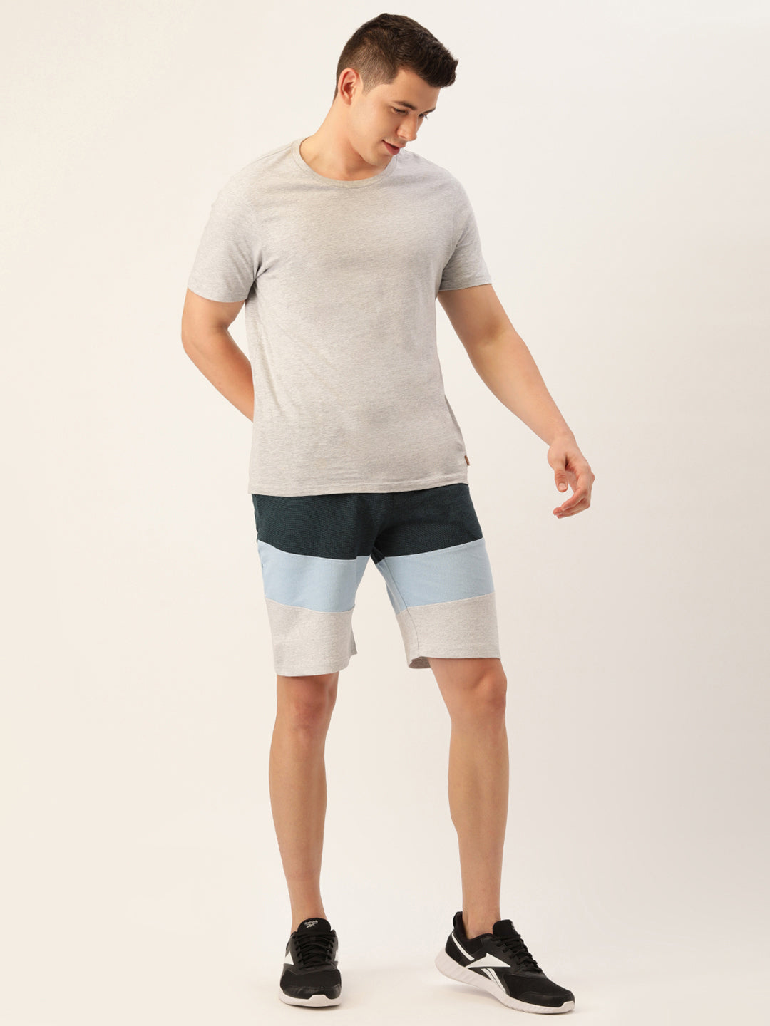 Men Blackteal Casual Terry Cut & Sew Shorts