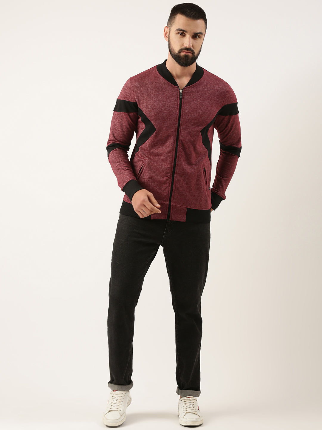 Men Wine Cut & Sew Zipper Sweatshirt