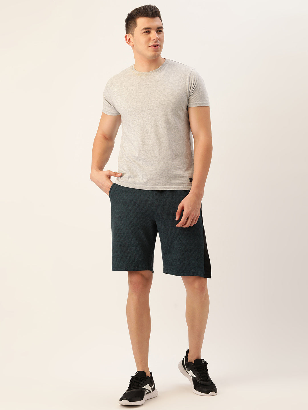 Men Balckteal Casual Terry Side Panel Shorts