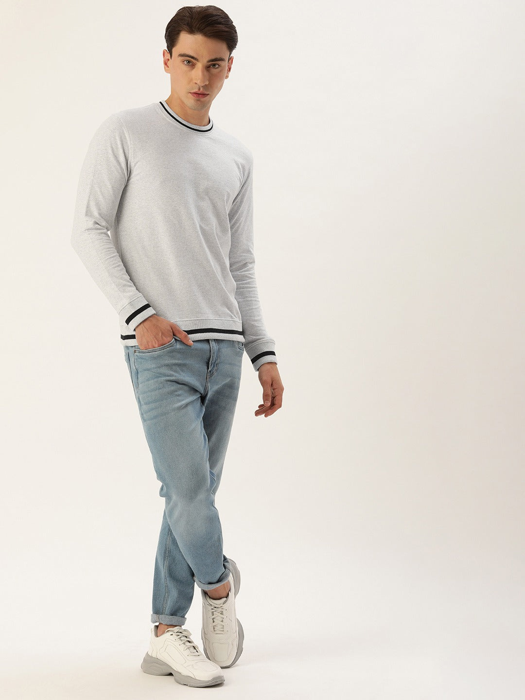 Men White Solid Tipping Rib Sweatshirt