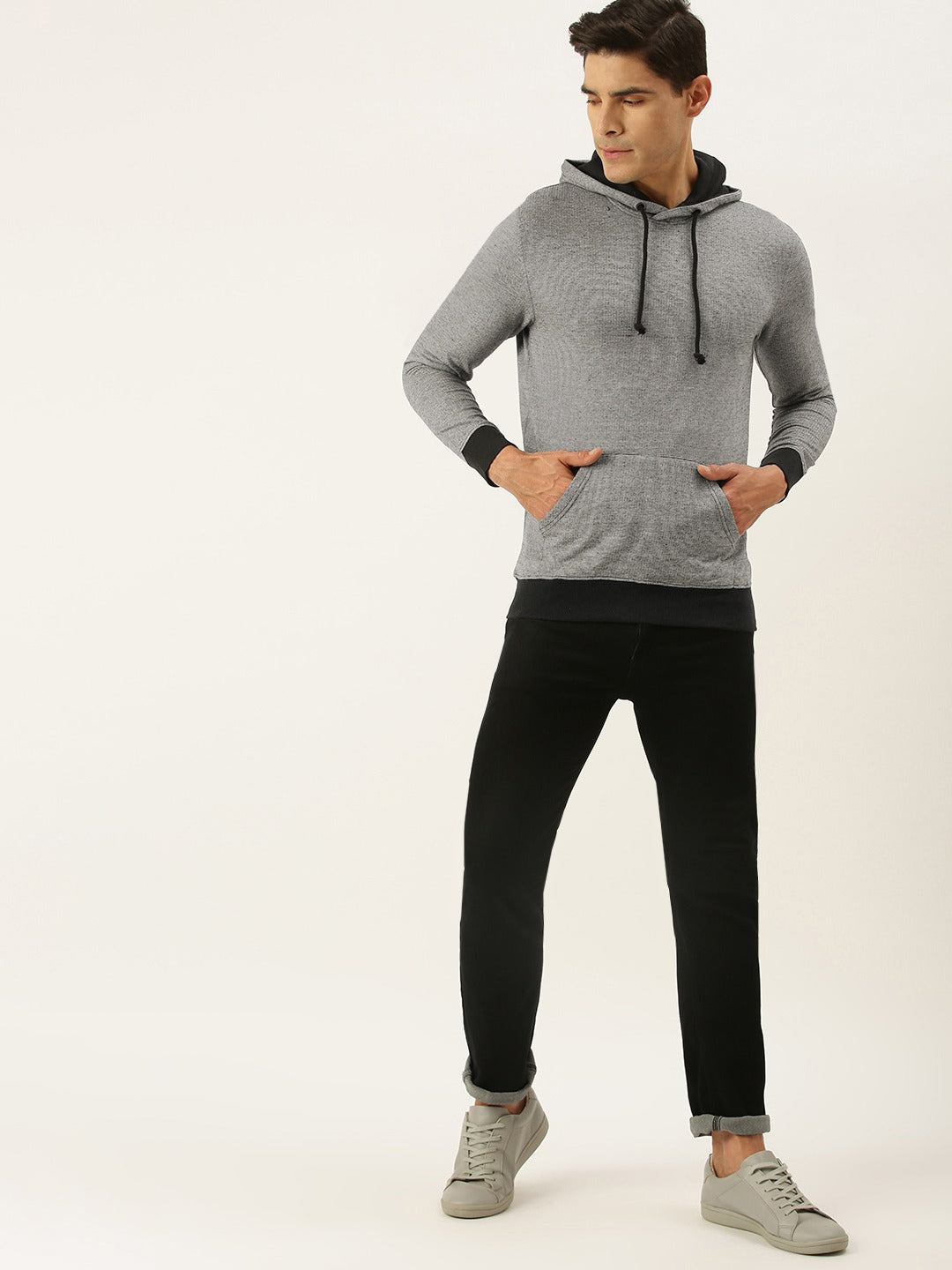 Men Whiteblack Solid Hooded Kangaroo Pocket Sweatshirt