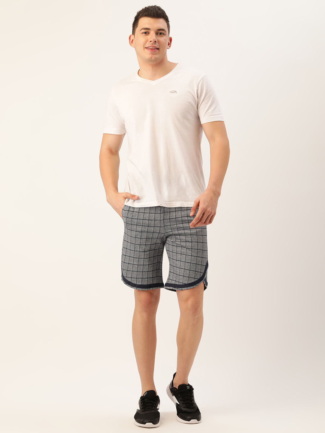 Men NavyChk Casual Curved Hem Terry Shorts