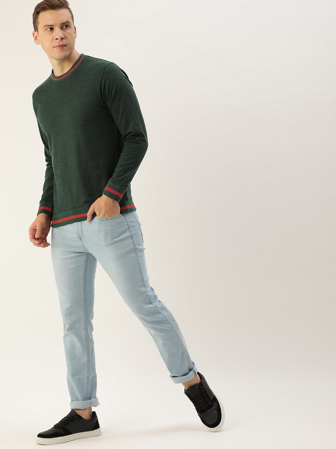 Men Oliveblack Solid Tipping Rib Sweatshirt