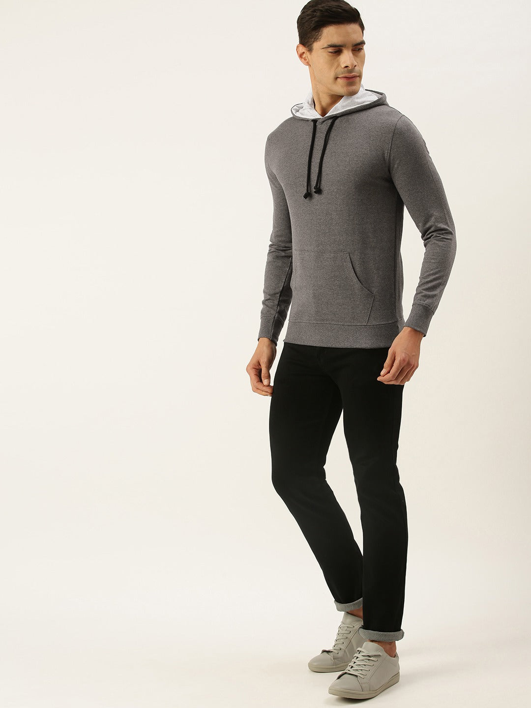 Men Melange Solid Hooded Kangaroo Pocket Sweatshirt