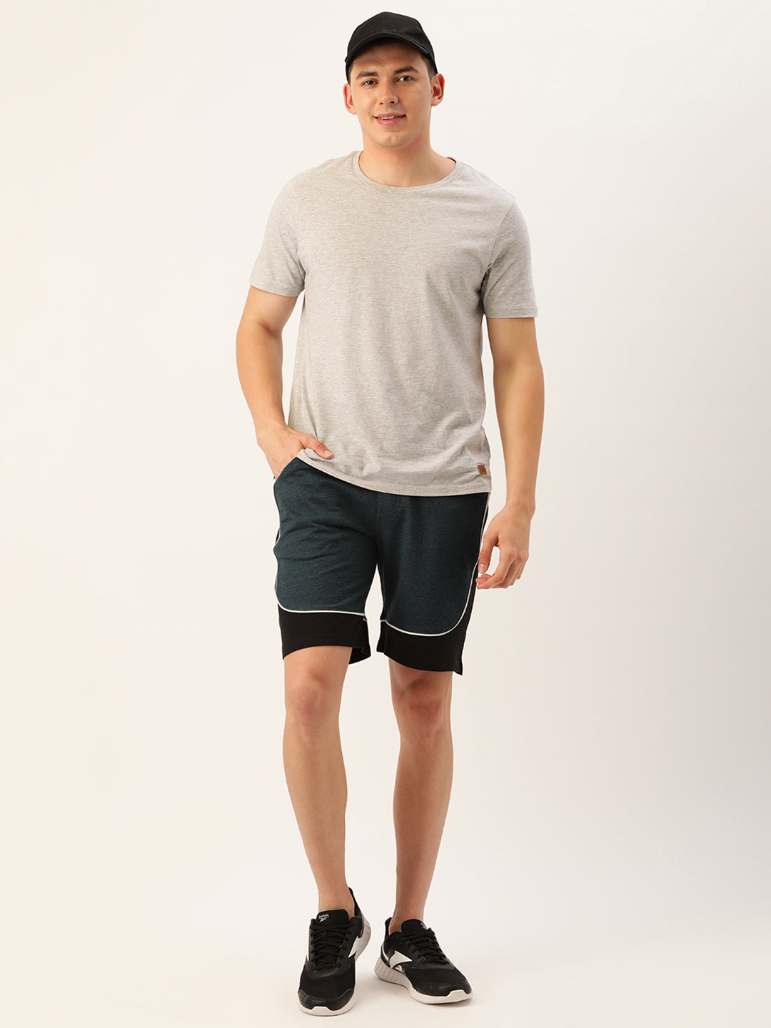 Men Blackteal Casual Terry Curved Side Shorts