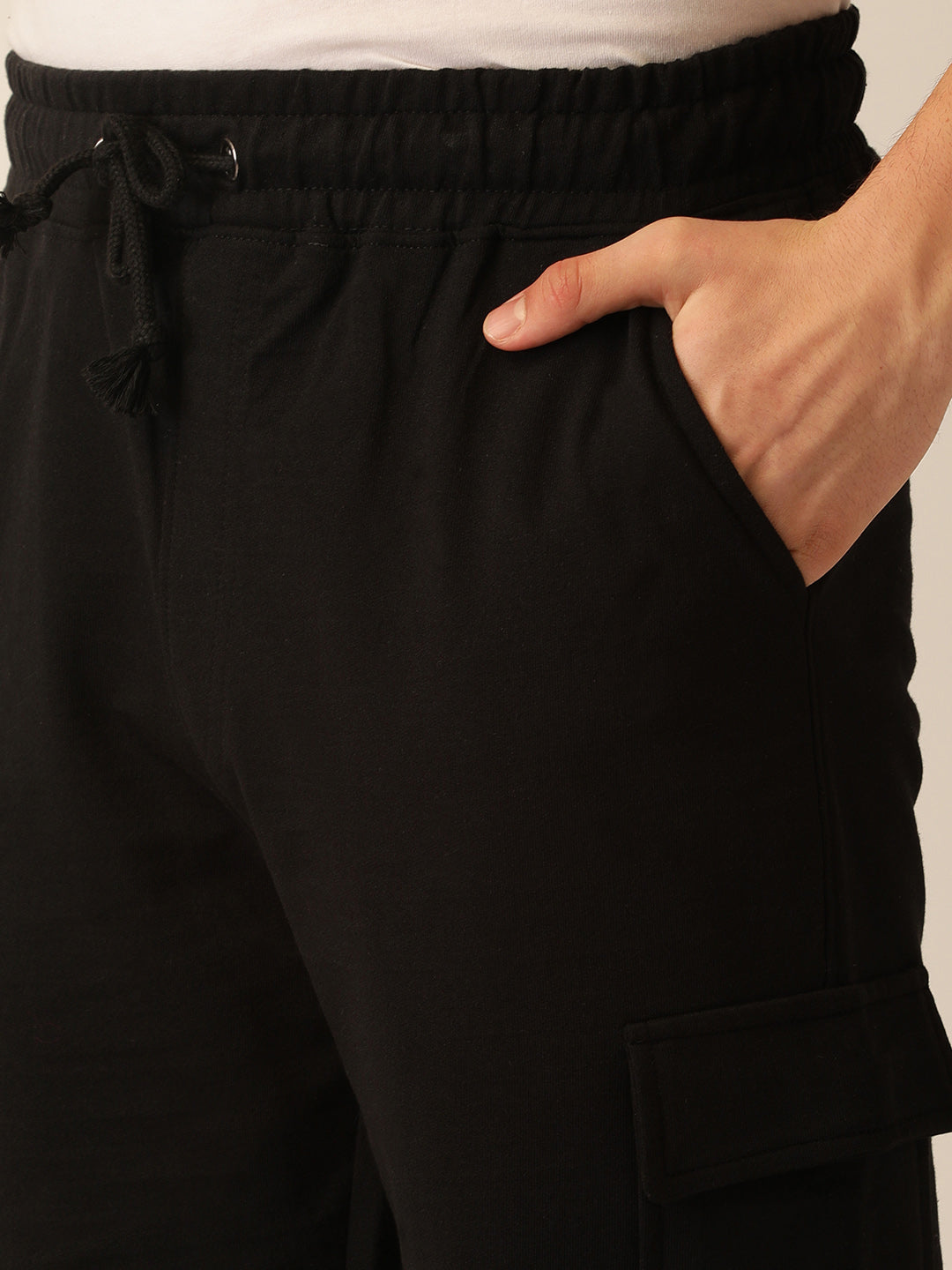 Men Black Casual Terry Cargo Shorts