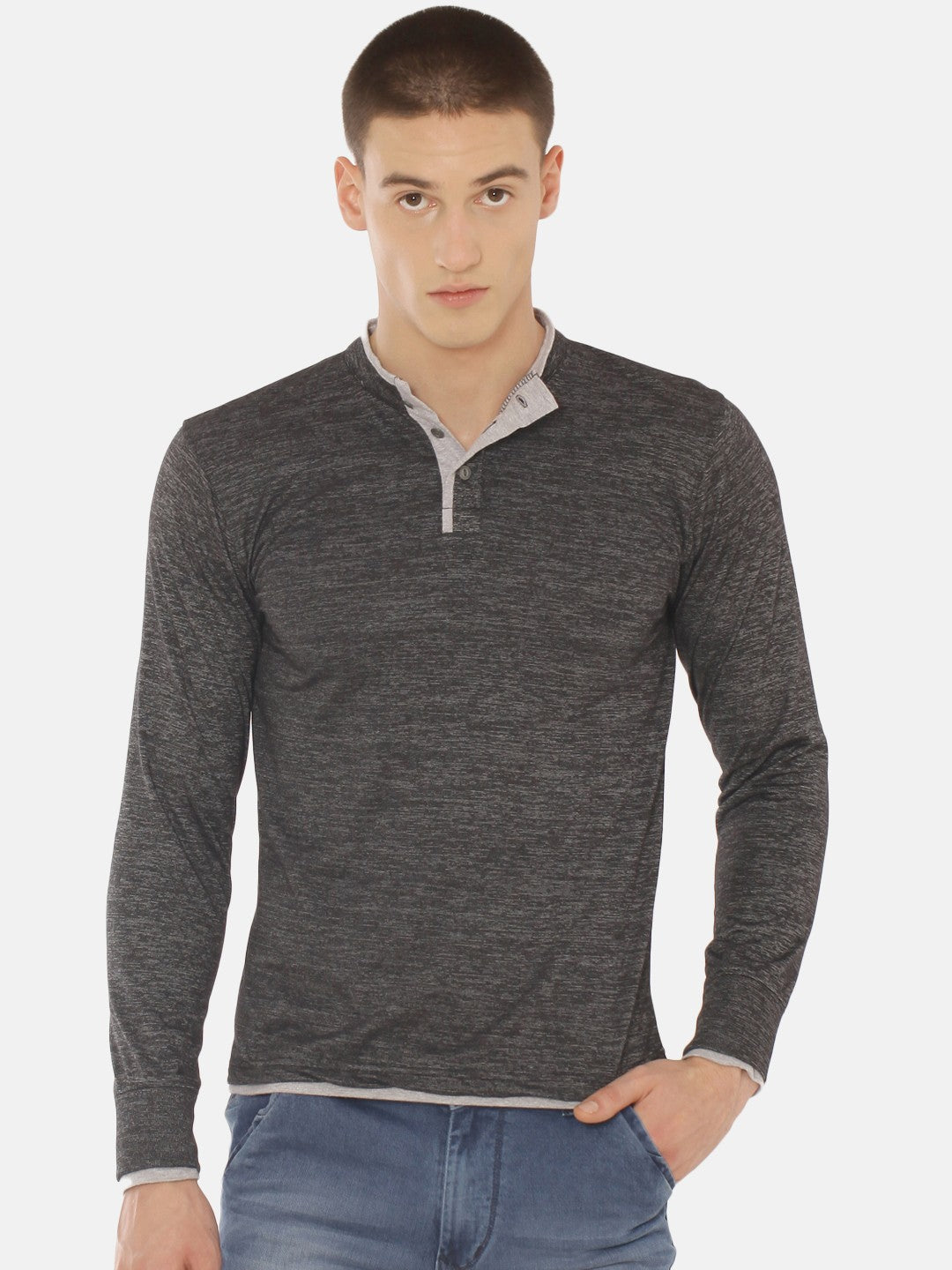 Men Charcoal Black Solid Henley Neck T-shirt