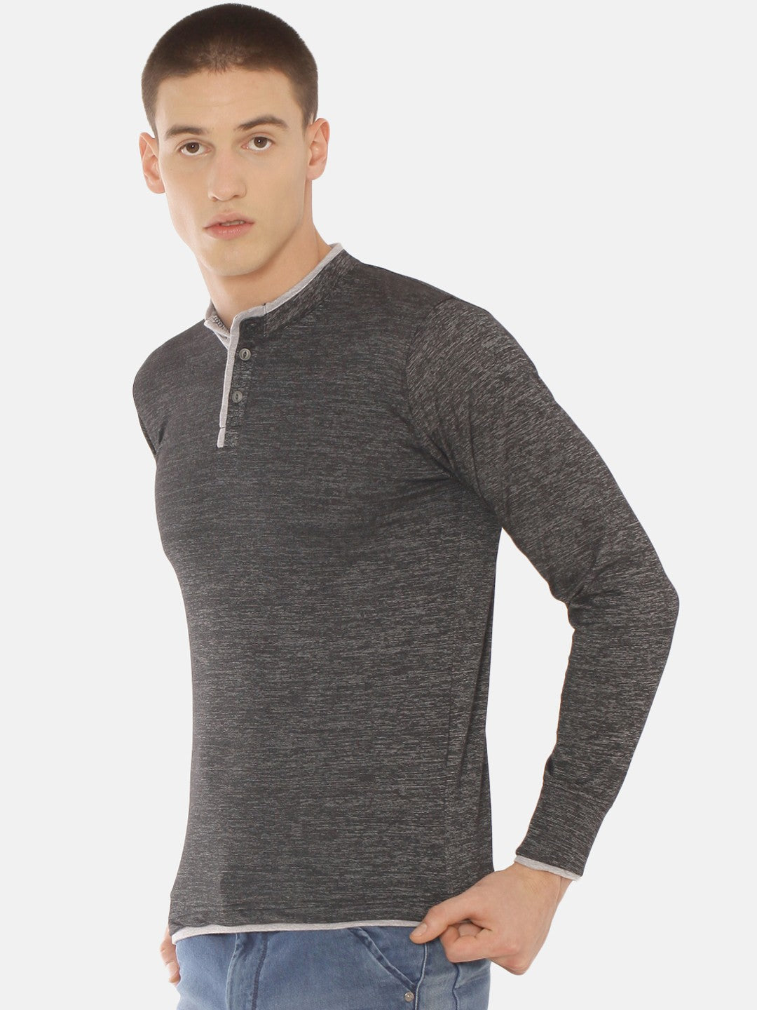 Men Charcoal Black Solid Henley Neck T-shirt